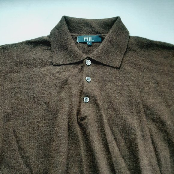 Fiii Men's Pullover Sweater Size Medium Brown Wool Knit Three Button Collared - Picture 2 of 5